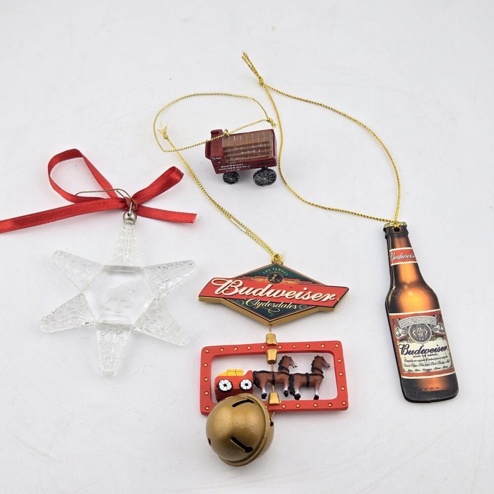 Budweiser Clydesdales Christmas Tree Ornaments Lot of 4 Wagon Bell Bottle...